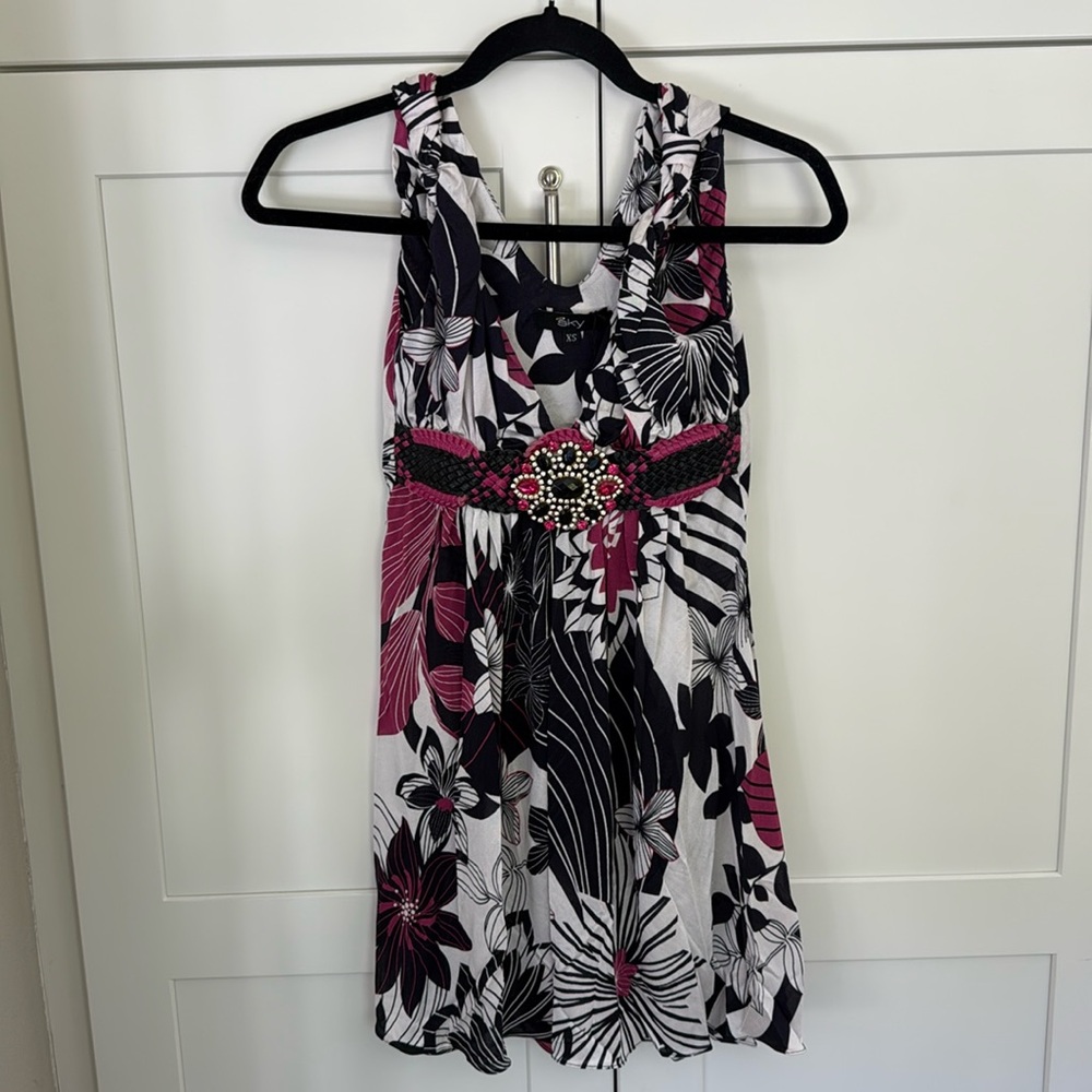 NEW Sky Brand Silk Woven Rhinestone Floral Mini Dress Y2K